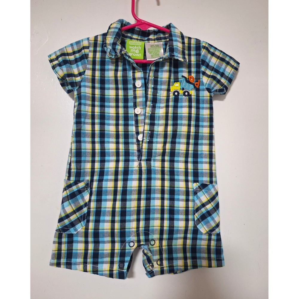 Sesame Street Watch Me Grow Baby Boy Blue Plaid Short Sleeve Romper Size 6-9M